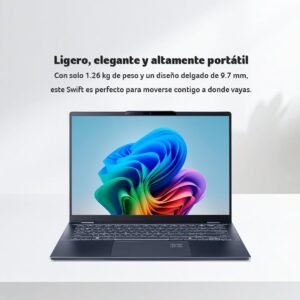 Laptop abierta de frente mostrando pantalla con fondo colorido y teclado retroiluminado.