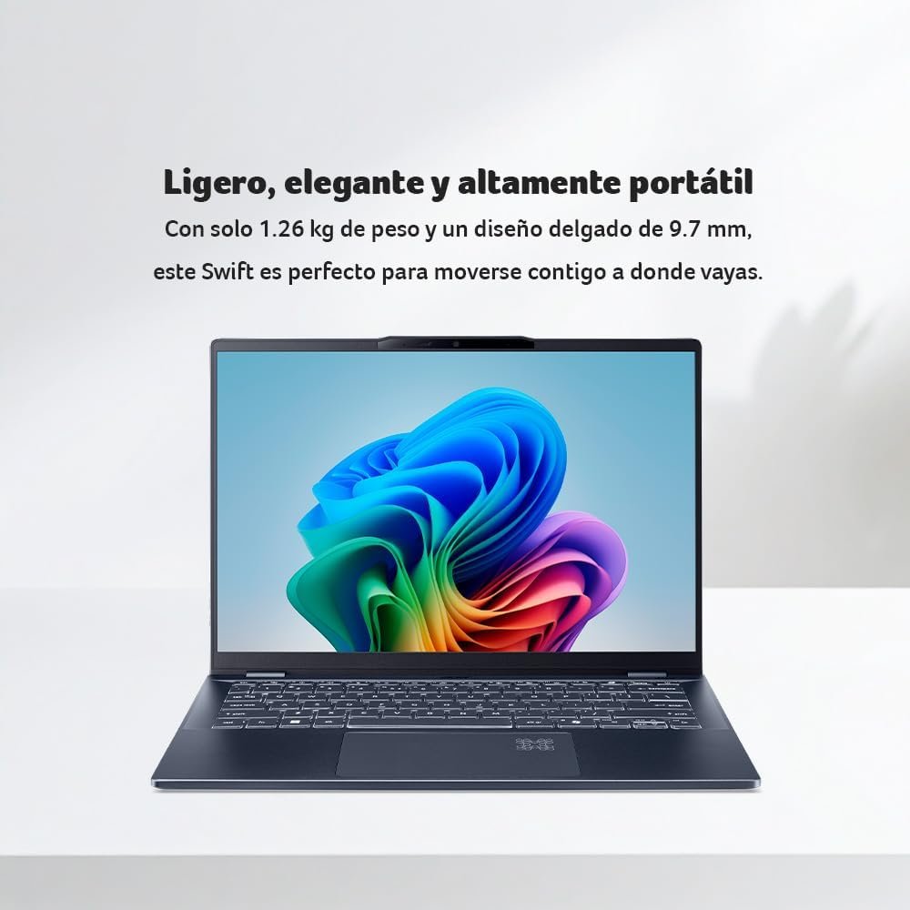 Laptop Acer Swift diseño portátil Laptop abierta de frente mostrando pantalla con fondo colorido y teclado retroiluminado.