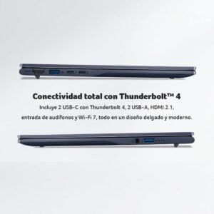 Vistas laterales de laptop mostrando puertos HDMI, USB-A, USB-C Thunderbolt 4 y jack de audio.