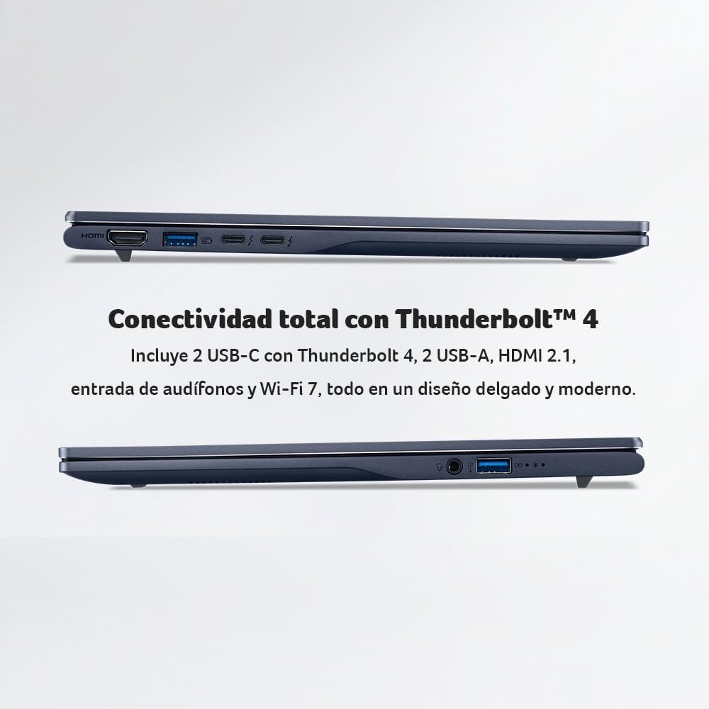 Puertos de conectividad de laptop Vistas laterales de laptop mostrando puertos HDMI, USB-A, USB-C Thunderbolt 4 y jack de audio.