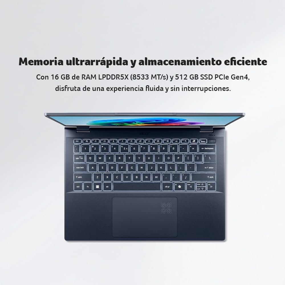 Especificaciones de memoria y almacenamiento Vista superior de laptop abierta mostrando teclado retroiluminado y especificaciones técnicas de memoria RAM.