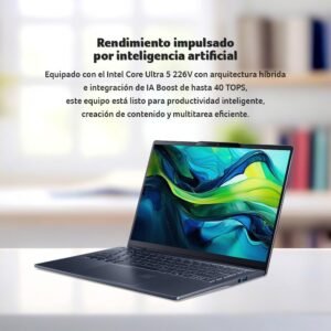 Laptop abierta sobre escritorio mostrando pantalla con fondo abstracto y texto descriptivo sobre rendimiento.