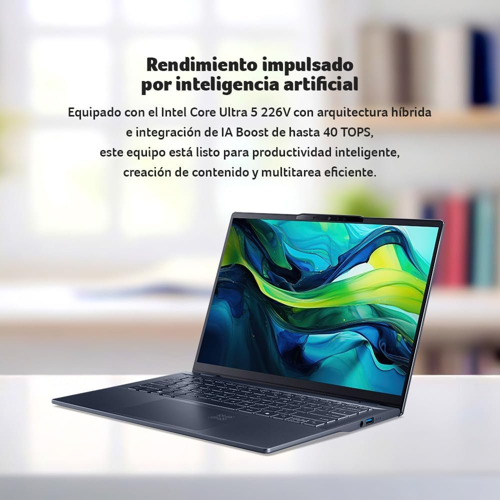 Laptop con procesador Intel Core Ultra Laptop abierta sobre escritorio mostrando pantalla con fondo abstracto y texto descriptivo sobre rendimiento.