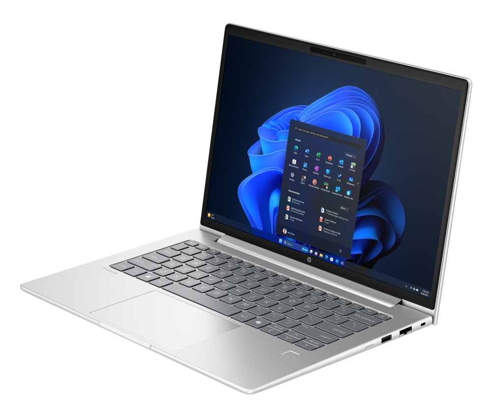 Vista angular ProBook Computadora portátil en ángulo mostrando teclado, touchpad y sistema operativo Windows 11