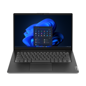 Vista frontal centrada de computadora portátil con interfaz de usuario de Windows 11
