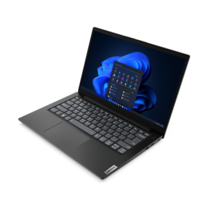 Vista en ángulo de computadora portátil con teclado ergonómico y menú de inicio de Windows abierto