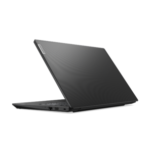 Vista trasera de la tapa de la laptop con acabado texturizado y logo de la marca