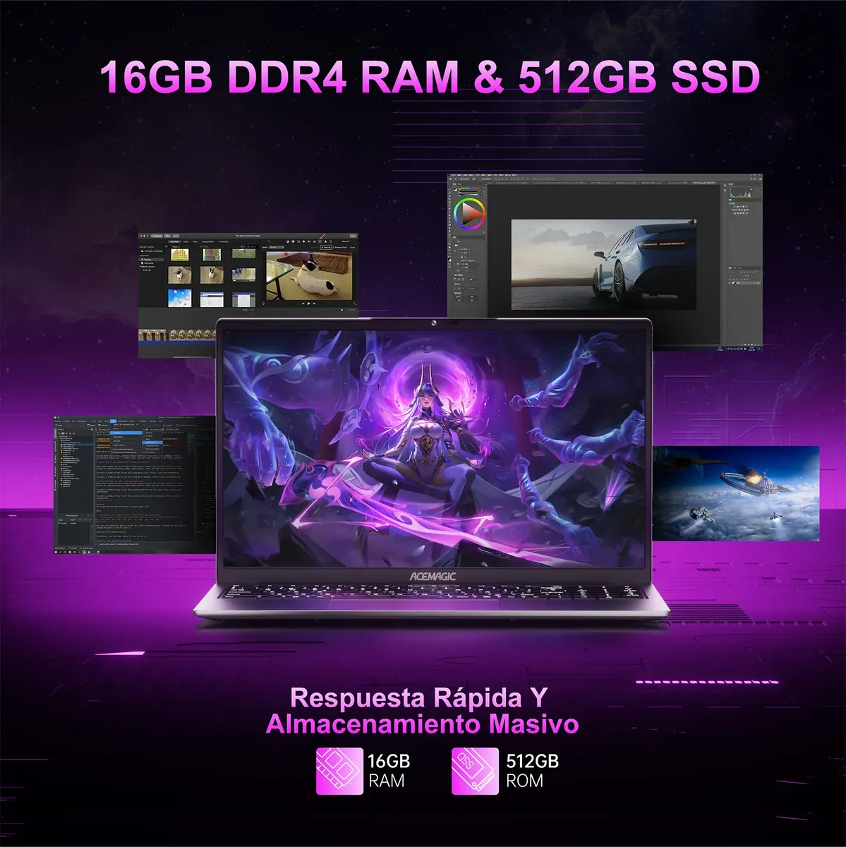 Memoria y Almacenamiento Especificaciones de memoria RAM DDR4 de 16GB y unidad de almacenamiento SSD de 512GB