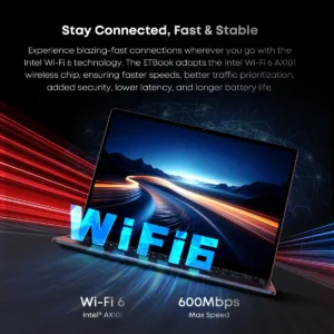 Laptop mostrando tecnología de conexión inalámbrica Wi-Fi 6 de alta velocidad