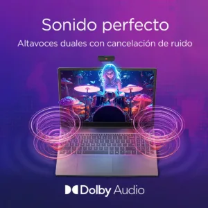 Representación visual de altavoces duales con tecnología Dolby Audio y cancelación de ruido