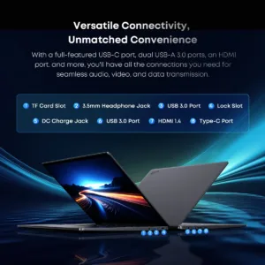 Vista lateral de los puertos de conectividad incluyendo USB-C, HDMI y ranura para tarjeta TF