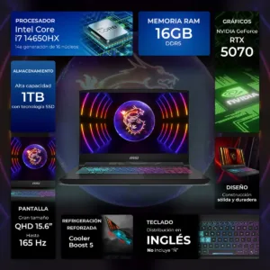 Infografía con especificaciones de procesador Intel Core i7, memoria RAM DDR5 y sistema de refrigeración Cooler Boost