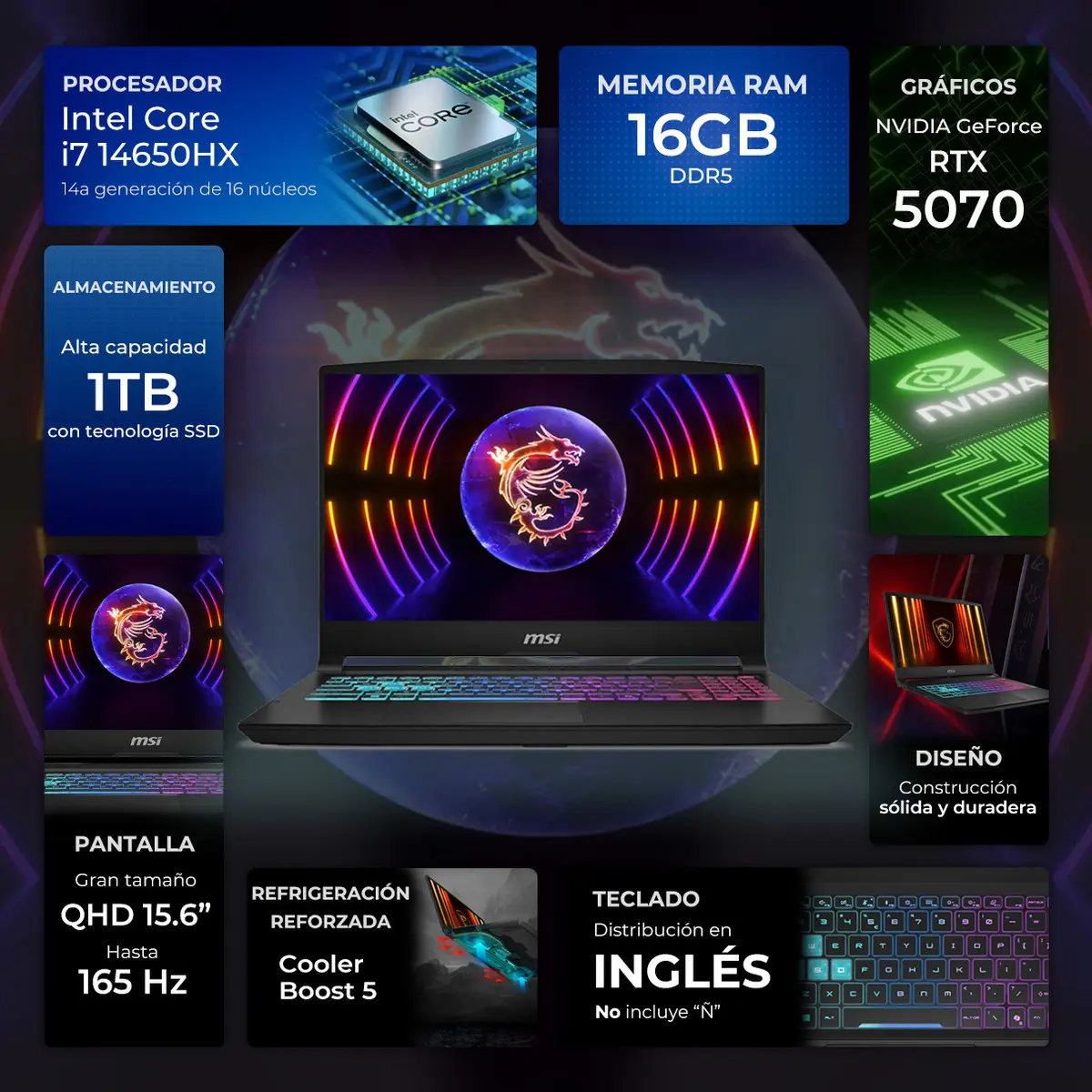 Ficha técnica detallada Infografía con especificaciones de procesador Intel Core i7, memoria RAM DDR5 y sistema de refrigeración Cooler Boost