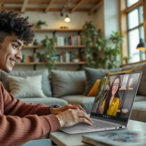 Hombre realizando una videollamada de alta definición desde la sala de su casa