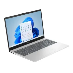 Vista lateral de laptop HP con sistema operativo Windows 11 y puertos de conexión visibles