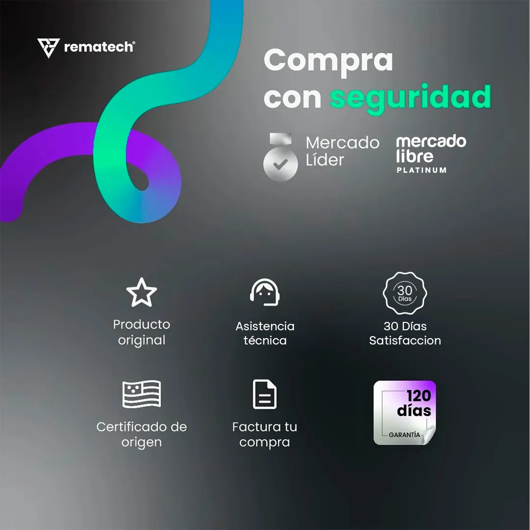 Infografía de beneficios y garantías Imagen informativa con iconos sobre garantías, asistencia técnica, certificaciones y seguridad de compra.