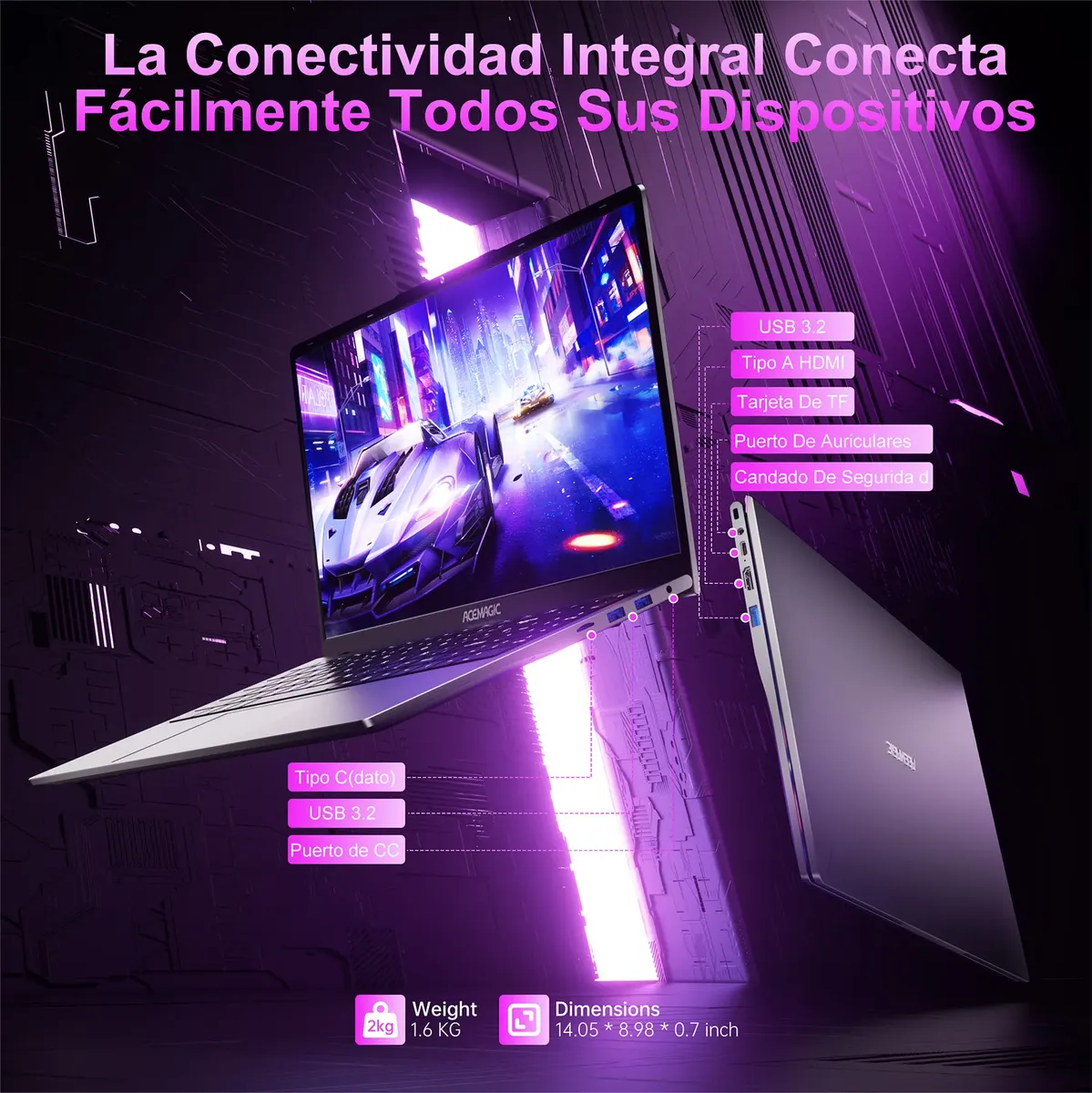 Puertos y Conectividad Puertos laterales incluyendo USB 3.2, HDMI y lector de tarjetas en chasis delgado