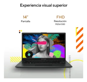 Pantalla de 14 pulgadas con resolución Full HD mostrando colores vibrantes y alta definición