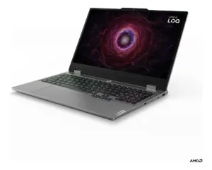 Perfil lateral de laptop Lenovo LOQ mostrando chasis metálico y teclado iluminado