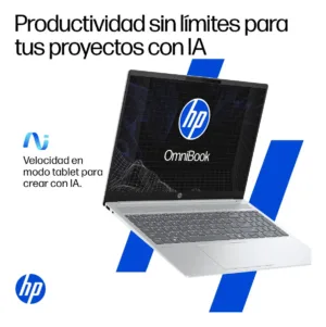 Laptop HP OmniBook 5 en ángulo mostrando teclado y diseño ergonómico