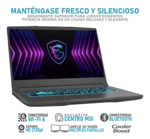Resumen de características técnicas de notebook MSI incluyendo Wi-Fi 6 y sistema Cooler Boost