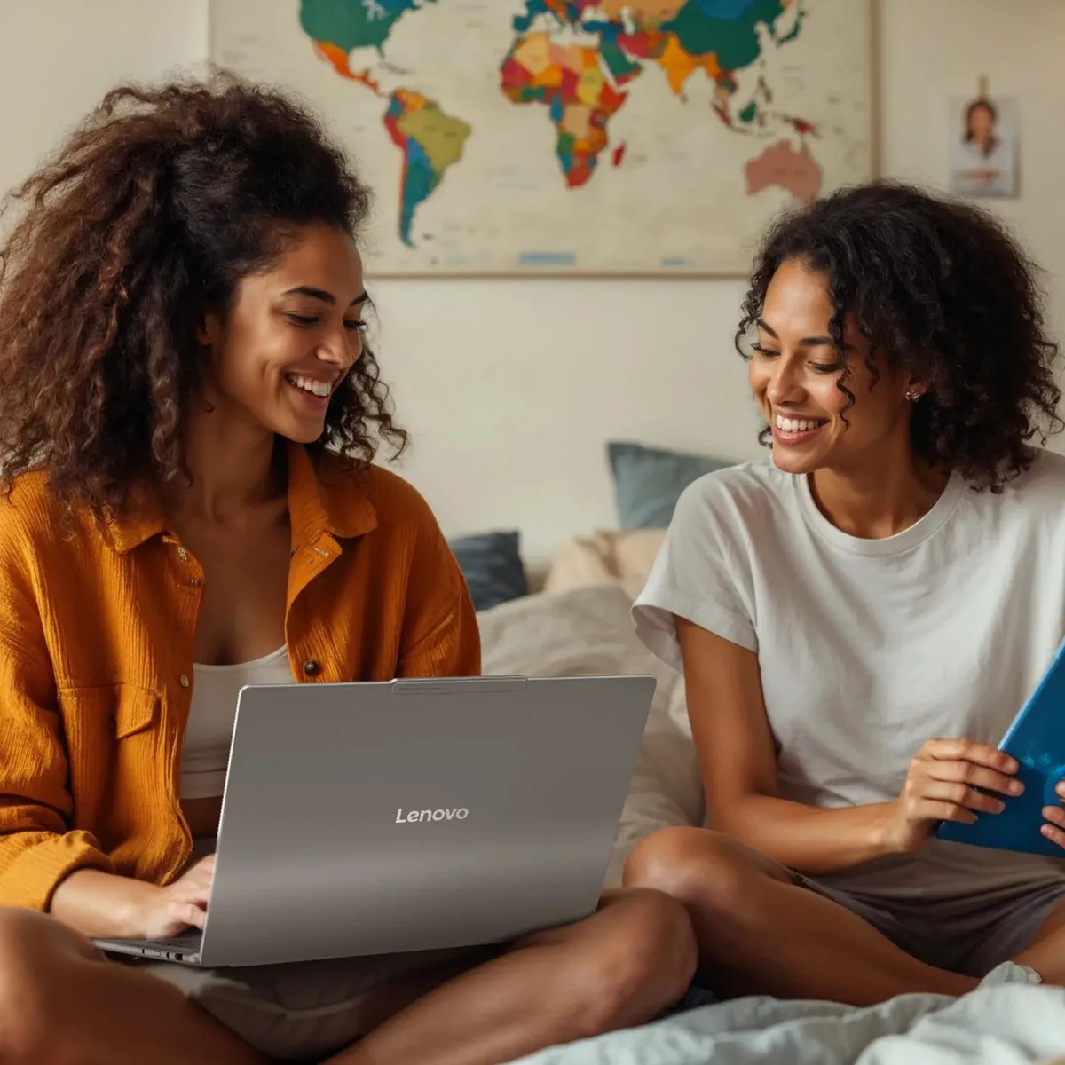 Uso cotidiano y portabilidad Dos mujeres jóvenes sonriendo mientras usan la laptop portátil en la cama