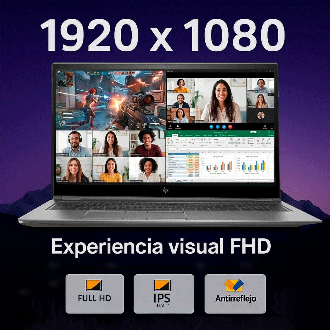 Laptop con pantalla Full HD Laptop mostrando pantalla dividida con videojuegos, videollamada y hoja de cálculo sobre fondo oscuro.