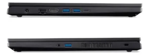 Vista lateral de los puertos de conectividad incluyendo USB-C, HDMI y entrada de red Ethernet