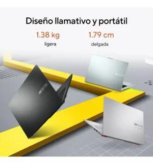 Vista de tres portátiles en diferentes colores destacando su diseño ligero de 1.38 kg y perfil delgado