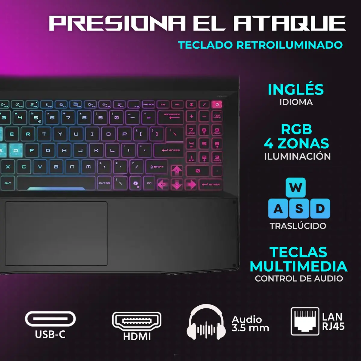 Teclado y puertos MSI Detalle de teclado retroiluminado RGB con teclas WASD traslúcidas y puertos de conexión laterales