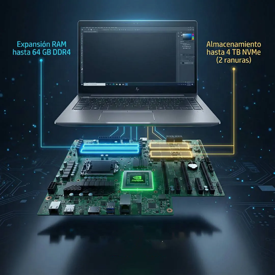 Componentes internos de laptop HP Laptop HP sobre placa base mostrando ranuras de expansión RAM y almacenamiento NVMe.