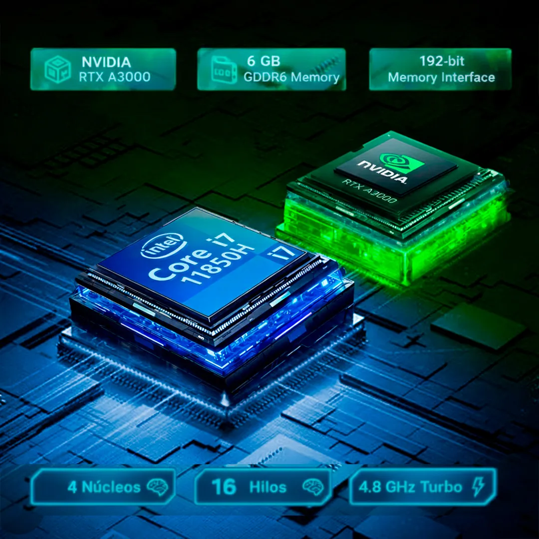 Procesador Intel y GPU NVIDIA Chips Intel Core i7 y NVIDIA RTX A3000 sobre placa base con especificaciones técnicas.