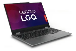 Vista en ángulo de la computadora portátil Lenovo LOQ con diseño ergonómico