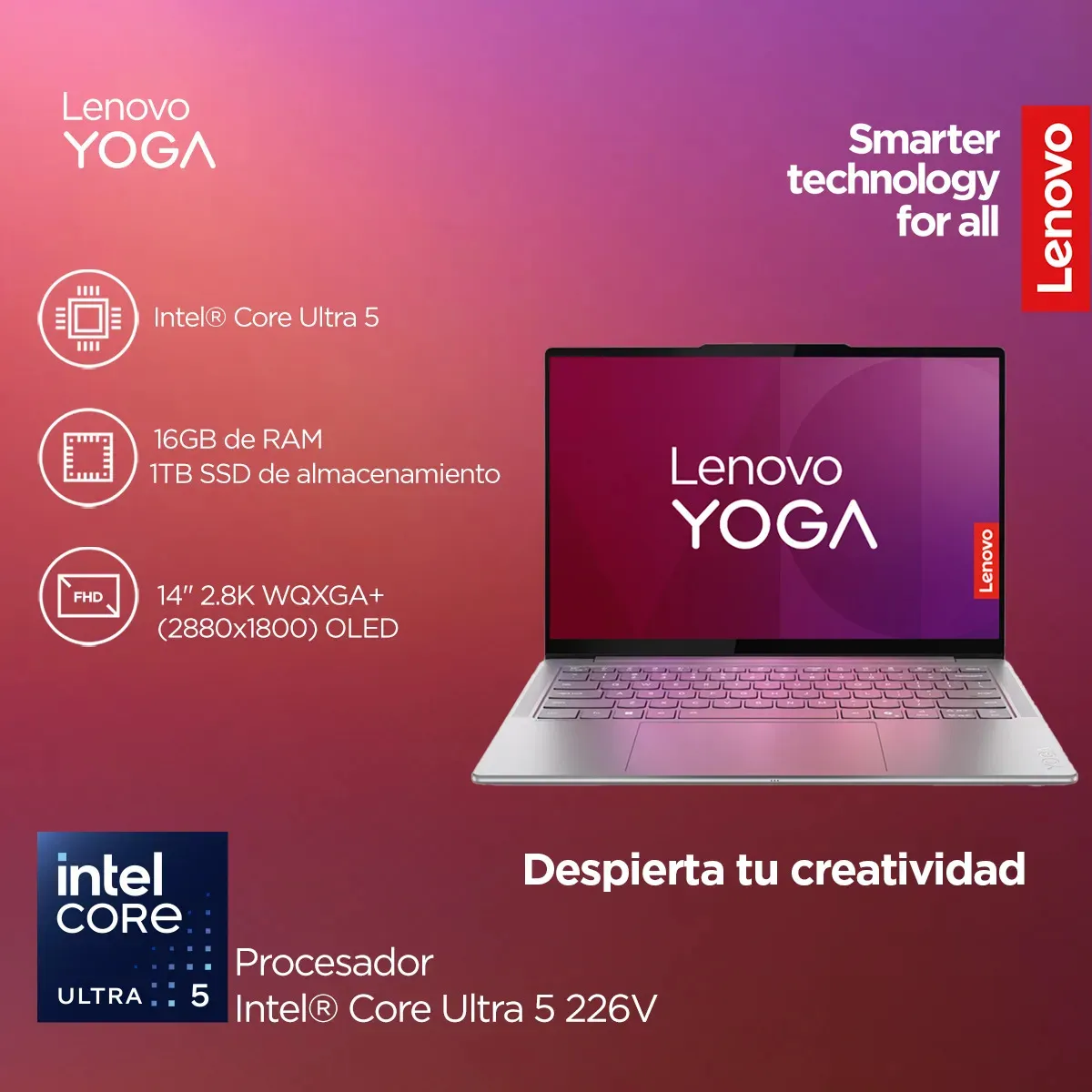 Especificaciones técnicas Intel Core Ultra 5 Infografía de especificaciones técnicas con procesador Intel Core Ultra 5 y pantalla OLED de 14 pulgadas
