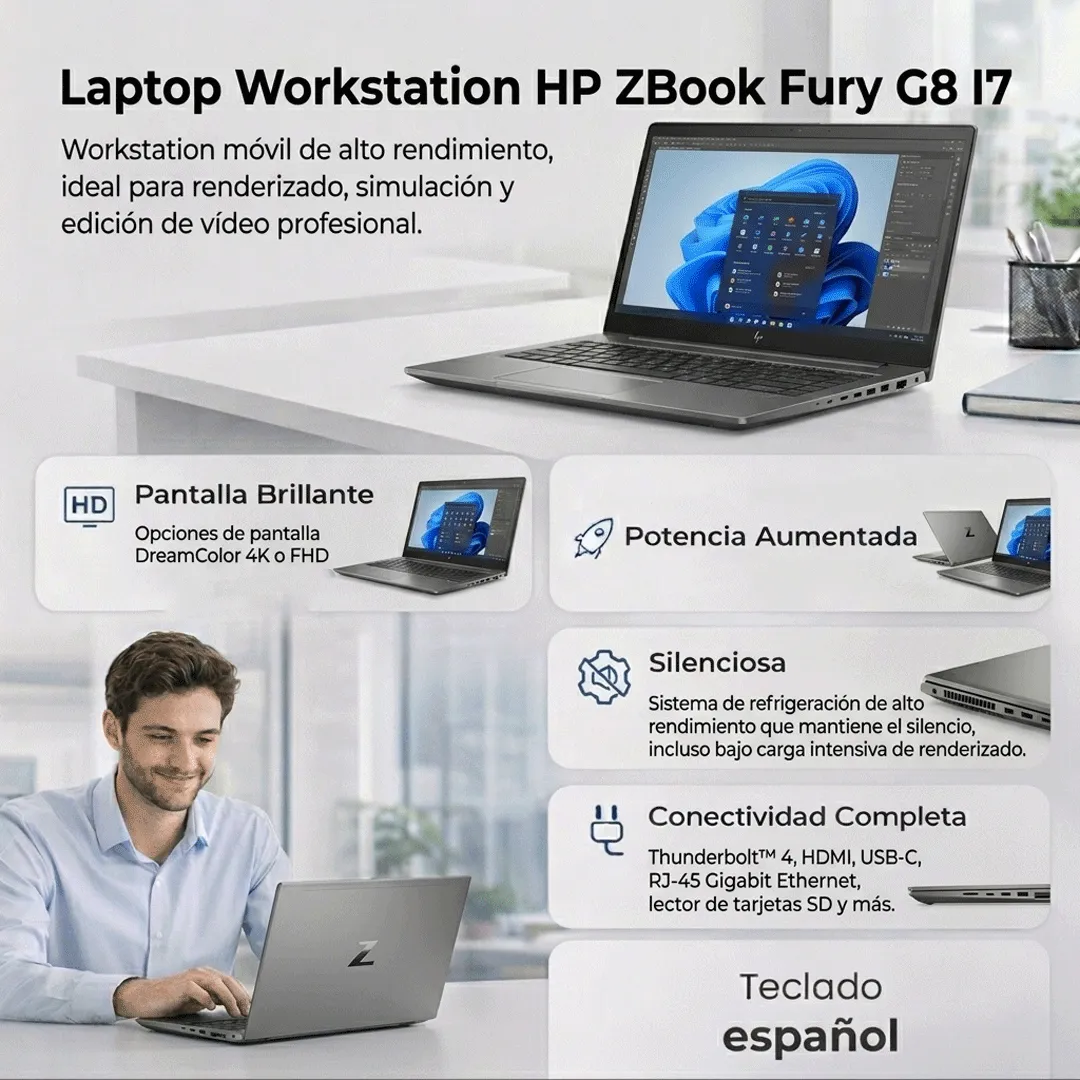 Laptop HP ZBook Fury G8 Infografía de laptop HP ZBook Fury G8 mostrando características técnicas, puertos y diseño profesional.