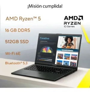 Pantalla de notebook mostrando capacidades multitarea con procesador AMD Ryzen 5 y 16GB RAM