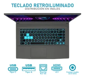 Diagrama de puertos de conectividad incluyendo USB-C, HDMI y jack de audio