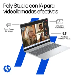 Pantalla de laptop HP mostrando funciones de Poly Studio con IA para videollamadas