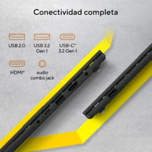 Detalle de los puertos laterales incluyendo USB-C, HDMI y jack de audio en equipo portátil