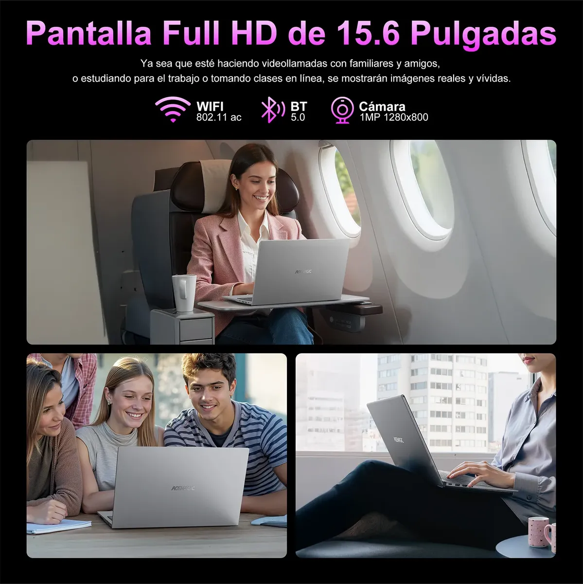Versatilidad y Conectividad Uso versátil de equipo portátil en avión y oficina con conectividad WiFi y Bluetooth