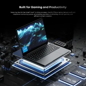 Laptop Acer Gadget sobre un circuito integrado destacando el procesador Intel Core i3 de 12 núcleos