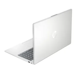 Parte posterior de laptop HP con acabado plateado y logotipo de la marca en el centro