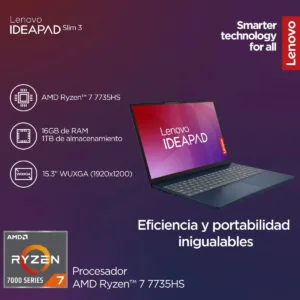 Vista angular del equipo portátil destacando el procesador AMD Ryzen 7 y su diseño ergonómico