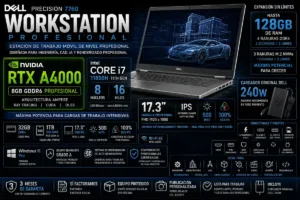 Ficha técnica detallada de workstation con especificaciones de memoria RAM, GPU RTX A4000 y conectividad