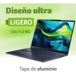 Laptop gris abierta sobre fondo verde con texto sobre diseño ligero y aluminio.