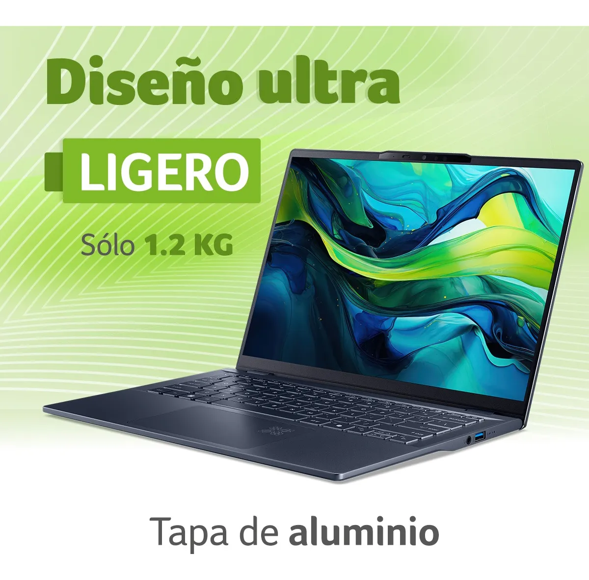Laptop ligera con tapa de aluminio Laptop gris abierta sobre fondo verde con texto sobre diseño ligero y aluminio.