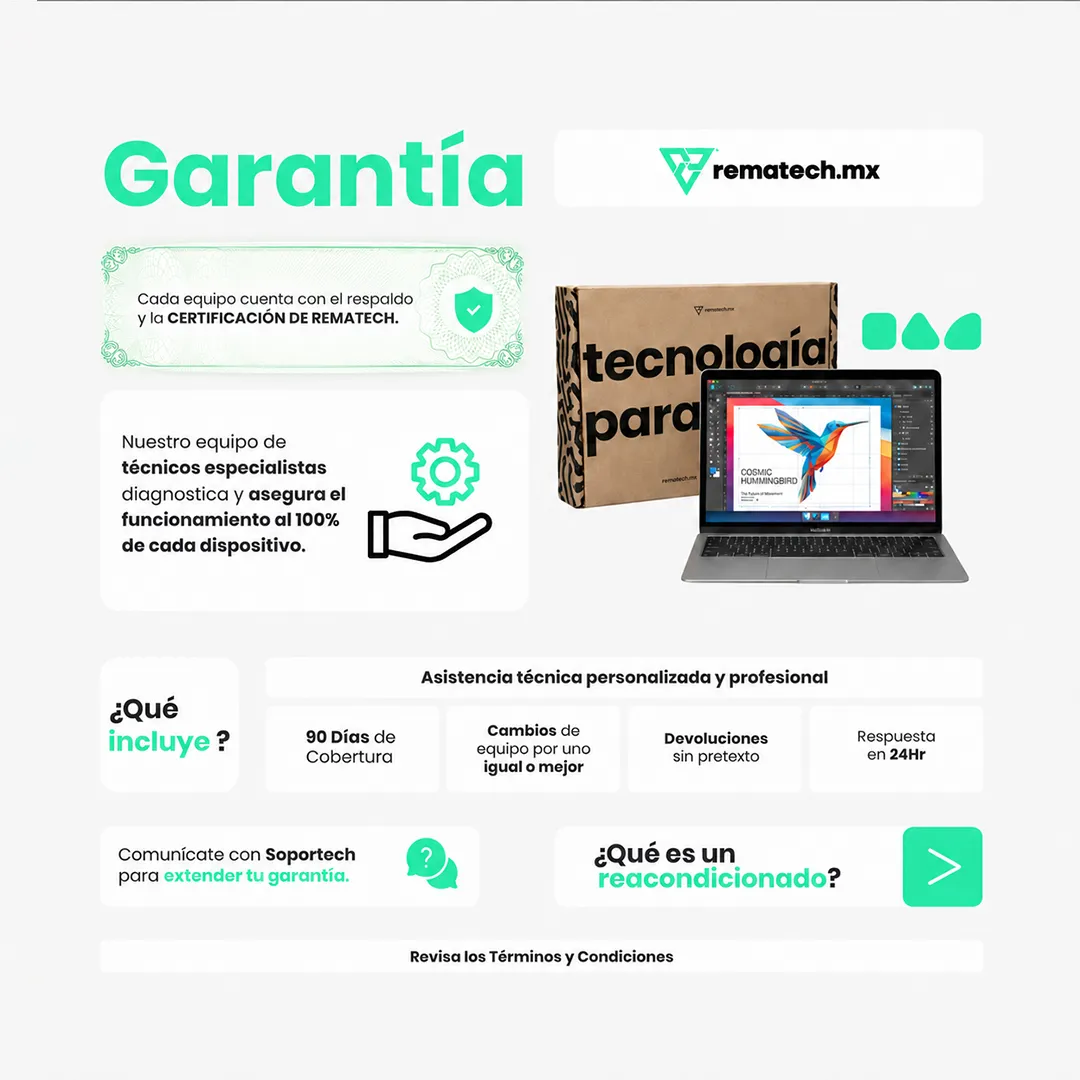 Información de garantía y soporte técnico Infografía sobre garantía, certificación técnica y servicios incluidos para equipos reacondicionados de Rematech.