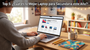 Joven estudiante utilizando una laptop recomendada para la escuela secundaria en un escritorio con útiles escolares, ilustrando una guía de compra de computadoras portátiles para estudiantes.