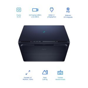 Vista trasera de laptop con iconos de puertos, pantalla, peso y teclado retroiluminado.
