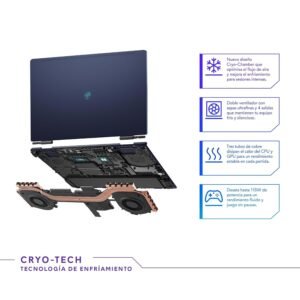 Despiece de laptop mostrando sistema de ventilación, tubos de cobre y características técnicas de refrigeración.